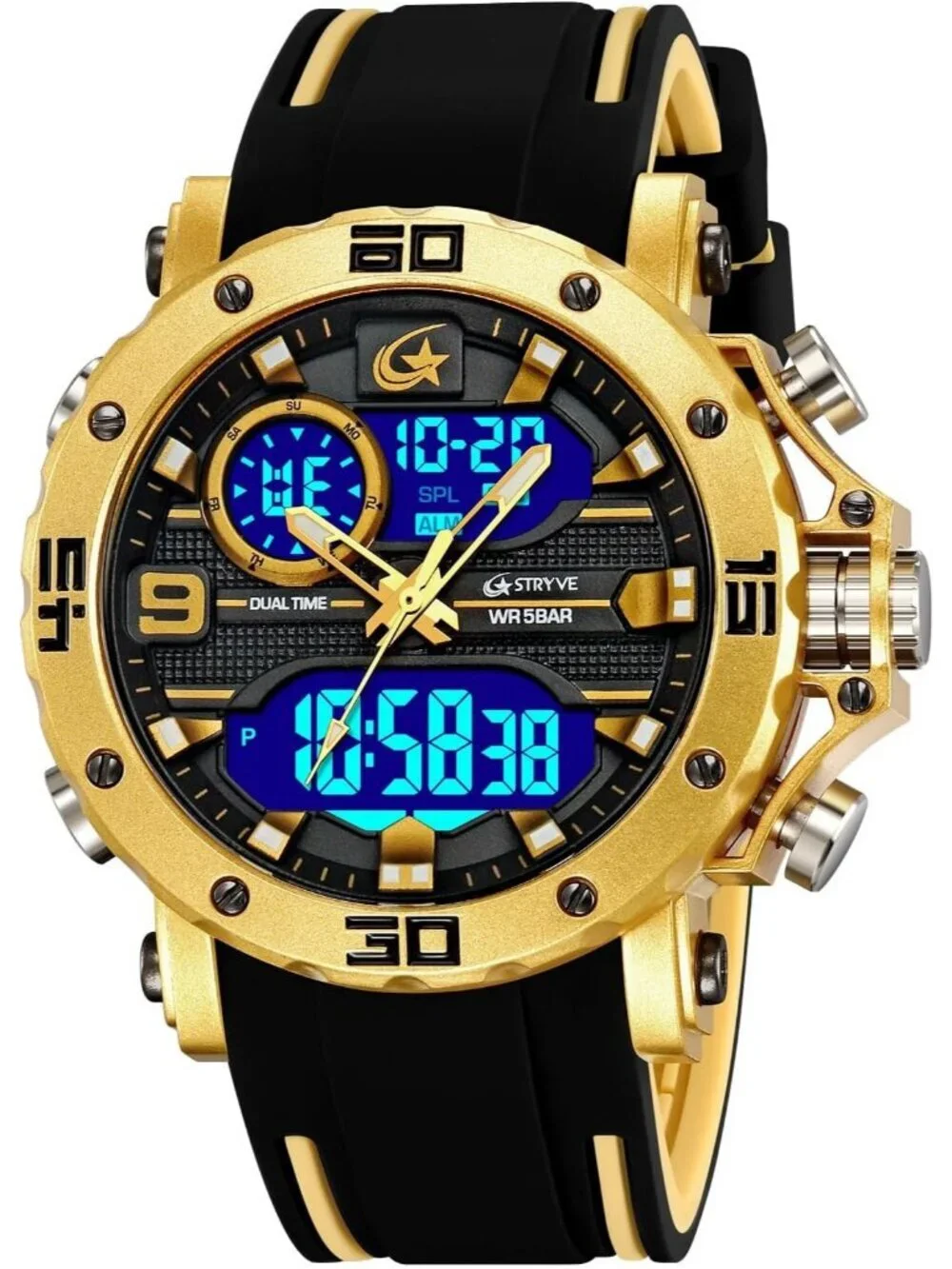 Men's Black And Gold Analog Silicone Band Waterproof Multifunction Digital Watch